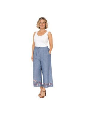 New ModCloth X Princess Highway Size 4 Embroidered Wide-Leg Capri Pants Blue